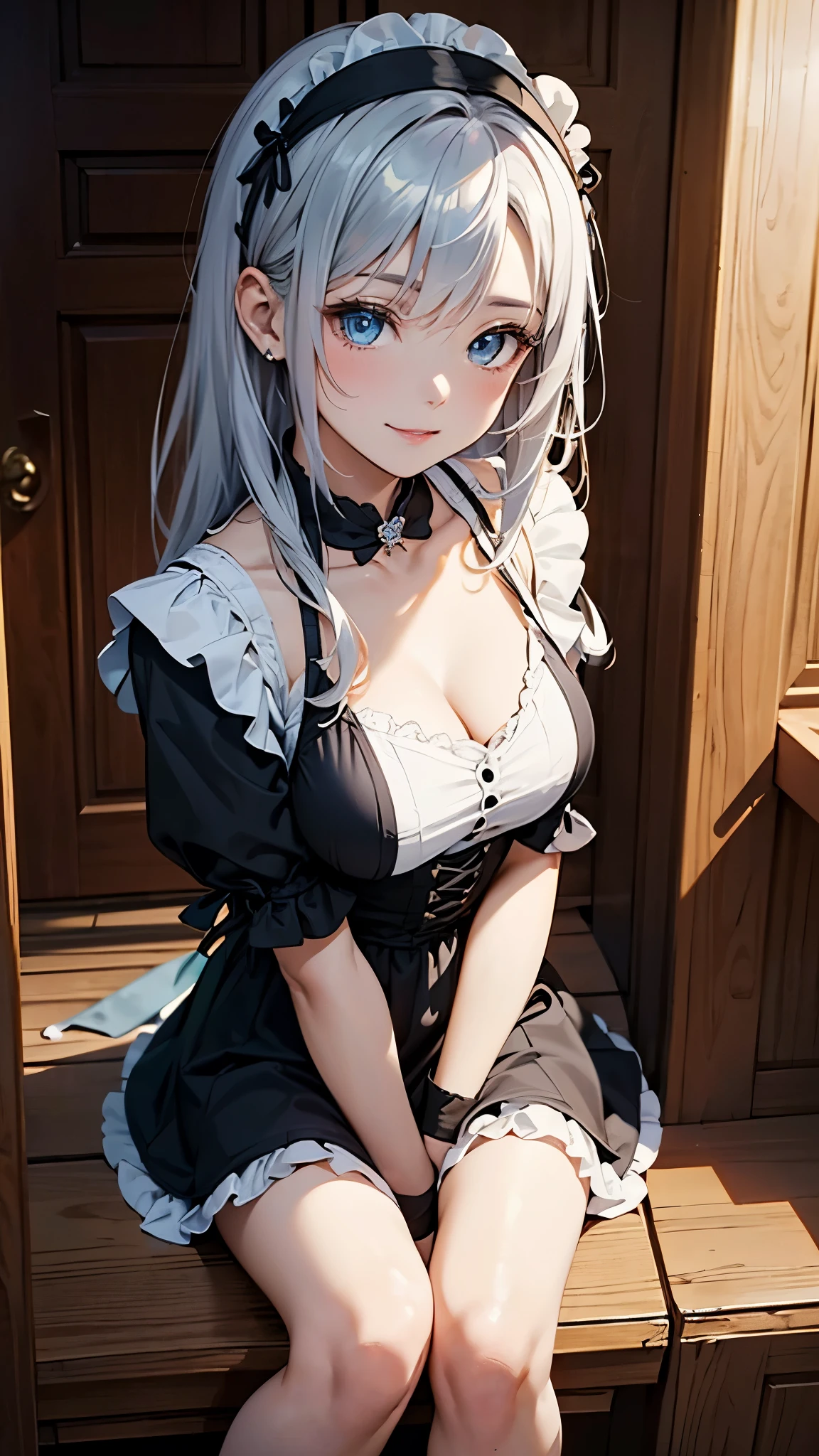 (最高masterpiece, highest quality, highest quality,official art),(mature woman:1.3),(attractive woman made),((masterpiece, highest quality))、8K、one woman、（(30 years old)）、((silver hair))、long hair、messy hair、attractive woman、blue eyes、Big eyes、sparkling eyes、Beautifully drawn eyes、smile、wink、small bust、Black Gothic Maid、((white headband))、(Knee to head:1.3)、Entrance of a luxurious house、aerial perspective、pure、transparent、Light、Light、Light、
