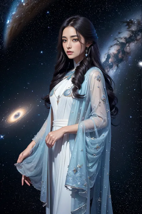 Space Explorer A woman with deep meditative eyes, hair flowing like stardust, (delicate decoration: 1.4), (celestial motifs: 1.4...