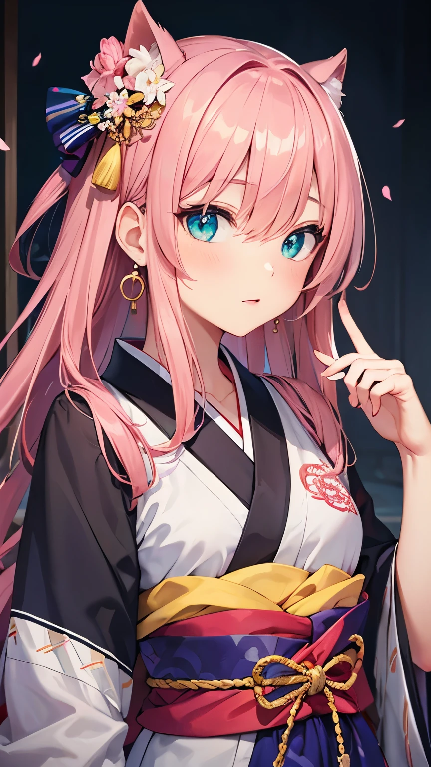 pink hair, bangs, long hair, hair over eyes, kanzashi, aqua eyes, pensive, anime style, UHD, masterpiece, textured skin, highres, best quality, Fictional ancient Chinese princess, fantasy anime, pearl earrings, cute girl, embroidered kimono