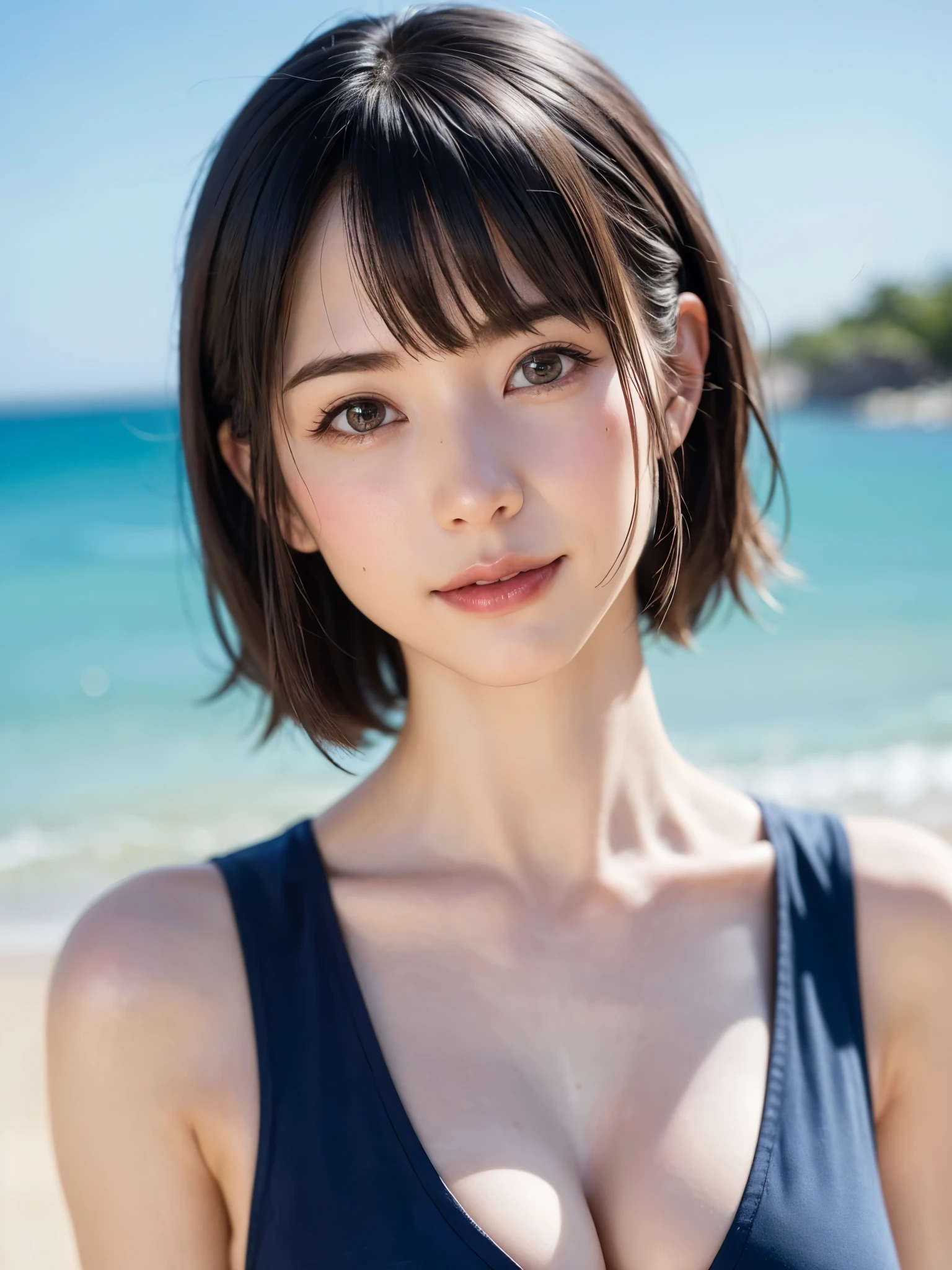 1 girl、highest quality、realistic、alone、Depth of written boundary、natural soft light、daytime、charm、beautiful face、cleanliness、pure face、white skin、cute、short hair、bangs、beach、Light of the sun、Nedium Breast Body Esbian、((セーター黄金比のbeautiful face 対称性のあるbeautiful face))、long neck、show me your ears、bangsのあるきれいな短いボブヘア、smile with your mouth closed、perfect hands指、perfect hands、perfect body、perfect face、Shine a light into your eyes、perfect anatomy:1.4、とてもcuteスーパーモデル:1.4、{Huge|big|Hugeな|mega} chest, cleavage、Smile:1.6、Very beautiful teeth:1.6