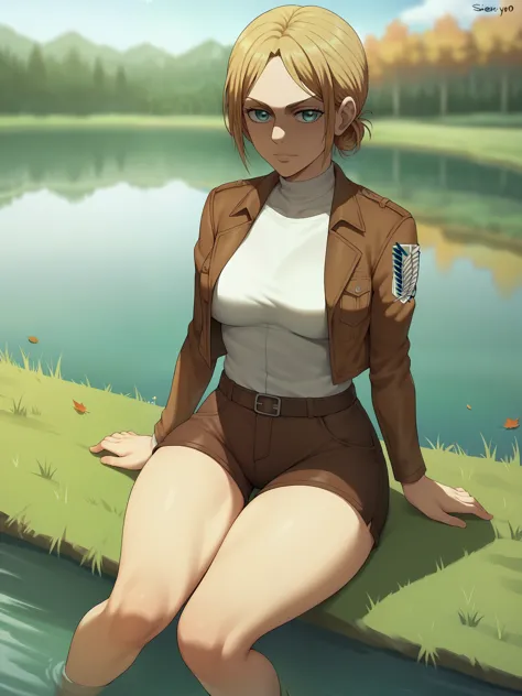 score_9,score_8_up,score_7_up, shexyo, shexyo style, attack on titan, annie leonhart, front view, thighs, thigh focus, leather shorts, white shirt, brown shorts, brown jacket, open jacket, outdoors, lake, grass, sitting on ground, sitting, nature, autumn, fall(season), by the lake, feet in lake, sexy, pond