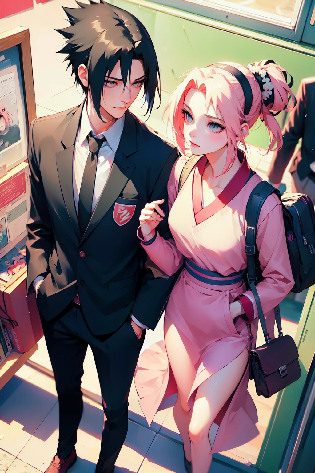 sasusaku. Sasuke Uchiha, a tall, black-haired man wearing a Quarterback football uniform, is a student, with his hands in his pockets. Sakura, a thin woman with pink hair, cheerleader. best quality, adorable, ultra-detailed, illustration, complex, detailed, extremely detailed, detailed face, soft light, soft focus, perfect face. In love, illustration. two people, couple, ILUSTRATION ART