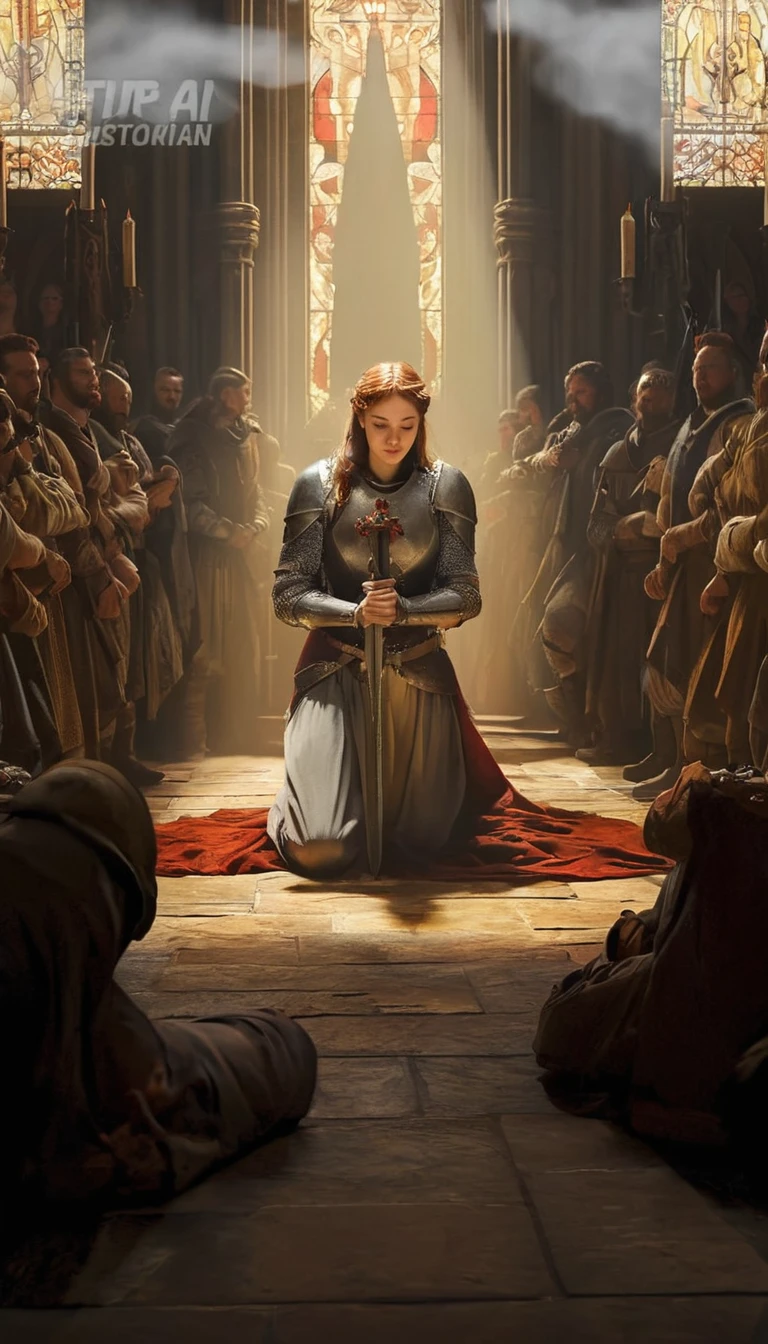 arafian is kneeling in a church with a sword in his hand, graphic artist magali villeneuve, wojtek fus, female redhead templar, emma watson as joan of arc, crusader kings 3, joan of arc, annasophia robb as joan of arc, imogen poots as a holy warrior, magali villeneuve', medieval fantasy art