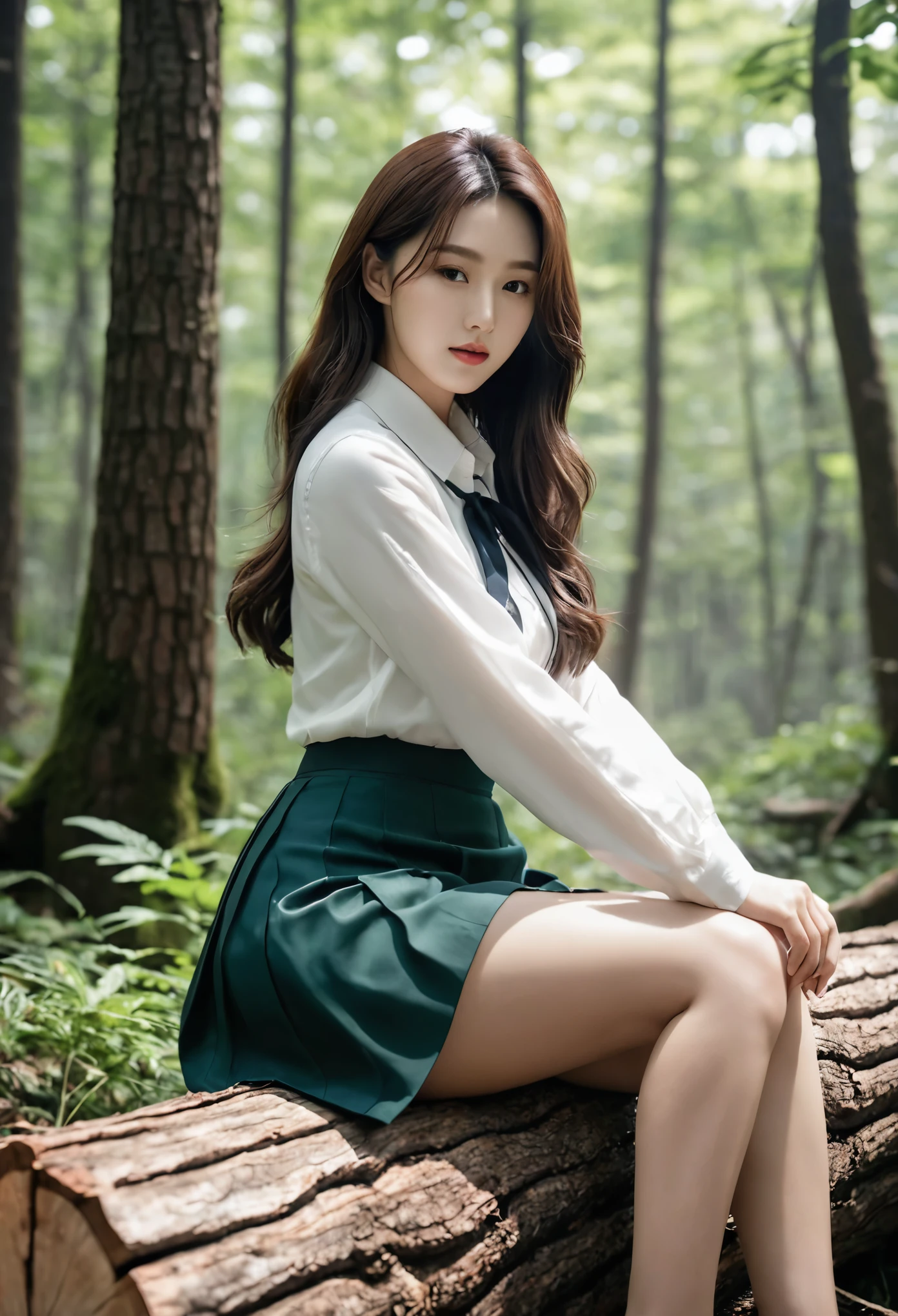 ((최고의 품질)), ((걸작)), (상세한), 완벽한 얼굴, 숲 속의 통나무에 앉아 있는 아라페 여인, 한국의 아름다움, 허벅지와 스커트, 다른 행동, 스타킹, 