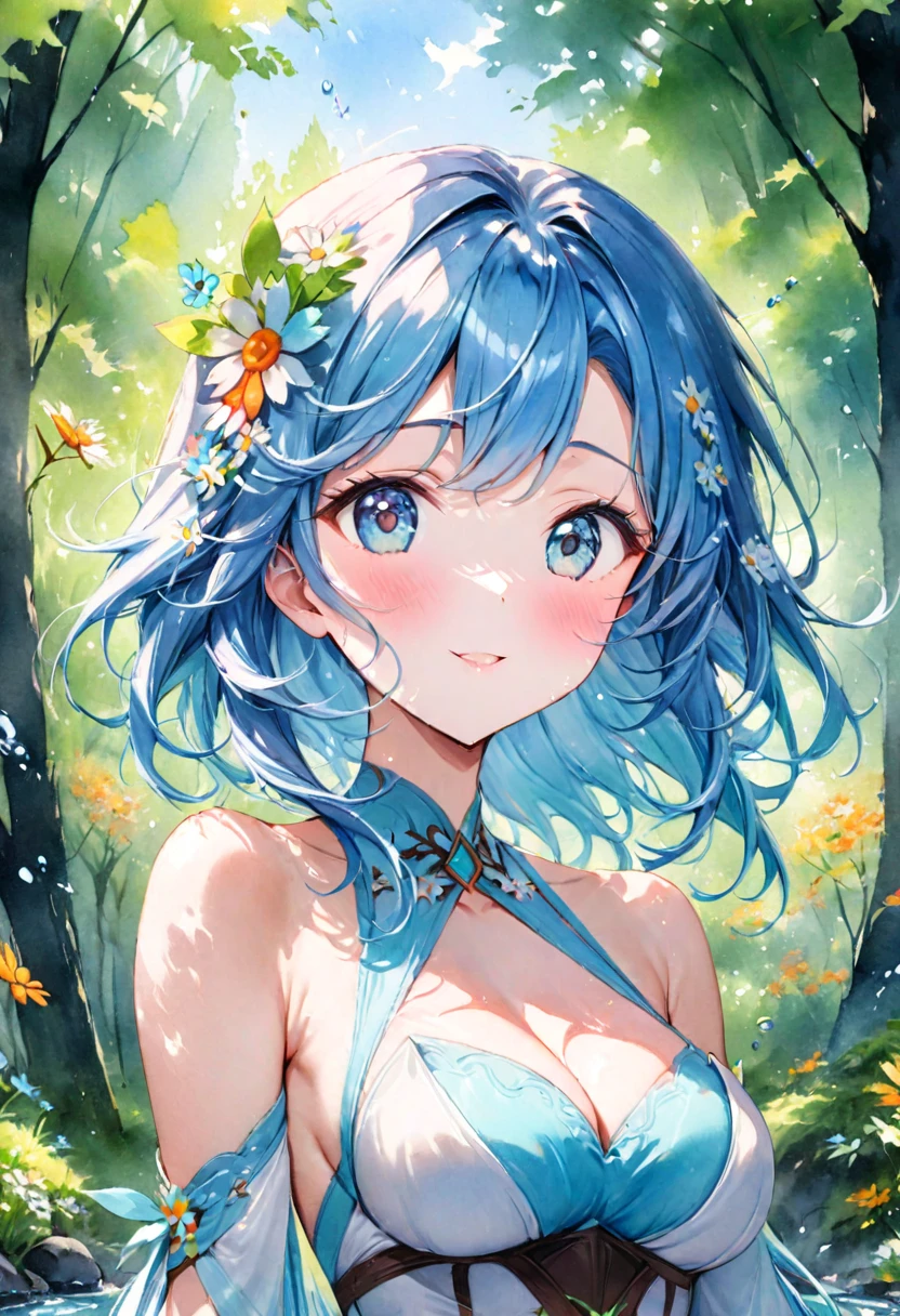 (best quality),(masterpiece:1.2), (colorful:0.9), (ink splashing),(color splashing),((watercolor)), clear sharp focus, model shot,, (portrait goddess of spring:1.5), cute expression,elegant blue colored hair, beautyfull detailed face and eyes, elegant goddess clothing, spring forest background,, colorwater