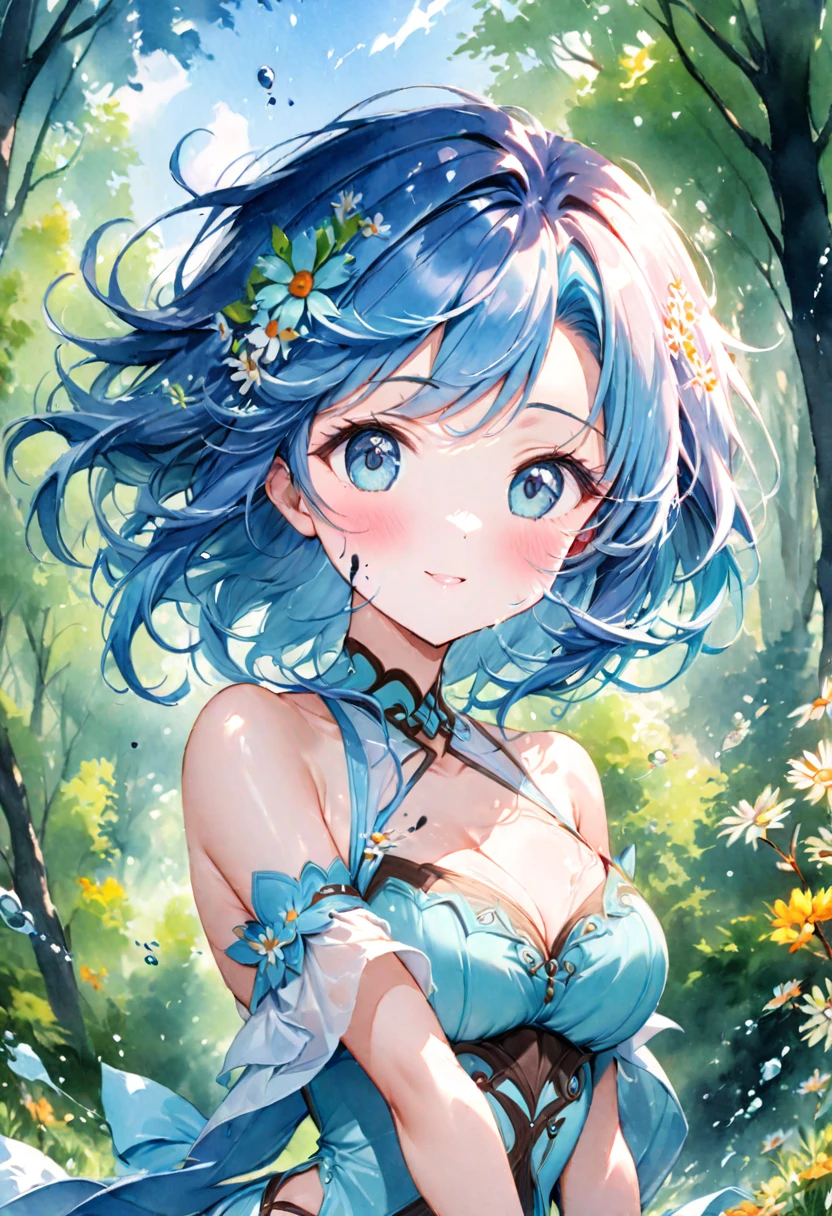 (best quality),(masterpiece:1.2), (colorful:0.9), (ink splashing),(color splashing),((watercolor)), clear sharp focus, model shot,, (portrait goddess of spring:1.5), cute expression,elegant blue colored hair, beautyfull detailed face and eyes, elegant goddess clothing, spring forest background,, colorwater