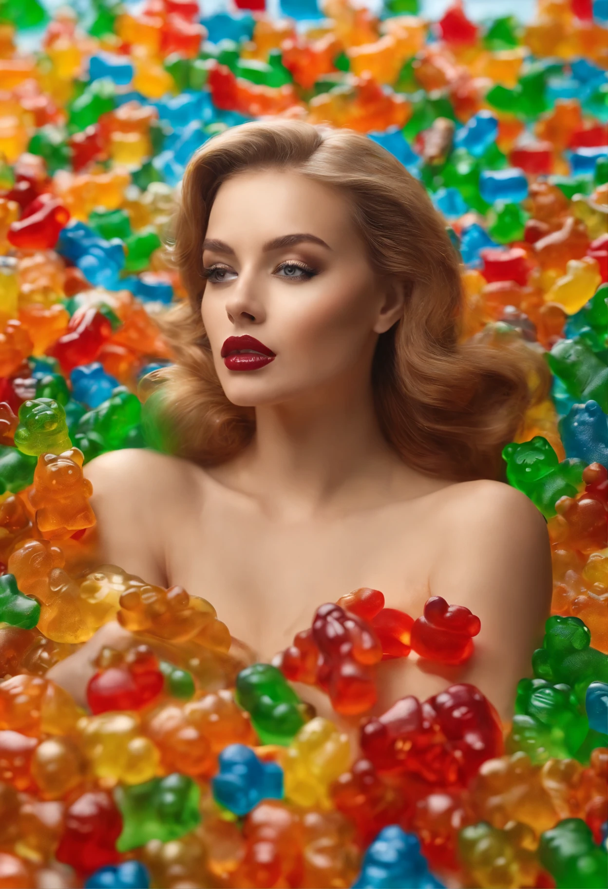 Araffe woman in a bed of gummy bears - SeaArt AI