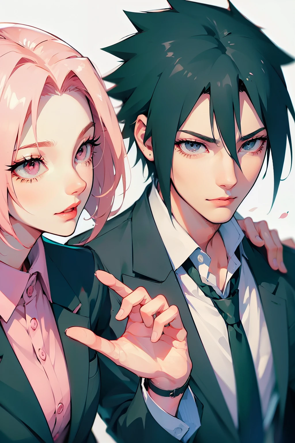 sasusaku. Sasuke Uchiha, a tall man with black hair and wearing a black suit, is a rich businessman with his hands in his pockets. Sakura, a thin woman with pink hair, short hair, secretary. are in the elevator. best quality, adorable, ultra-detailed, illustration, shadows, attraction. complex, detailed, extremely detailed, detailed face, soft light, soft focus, perfect face. In love, illustration. two people, couple, ART ILLUSTRATION