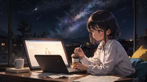 a girl working in front of a laptop while listening to jazz in her room,the night sky is in the background,coffee on the desk,ma...