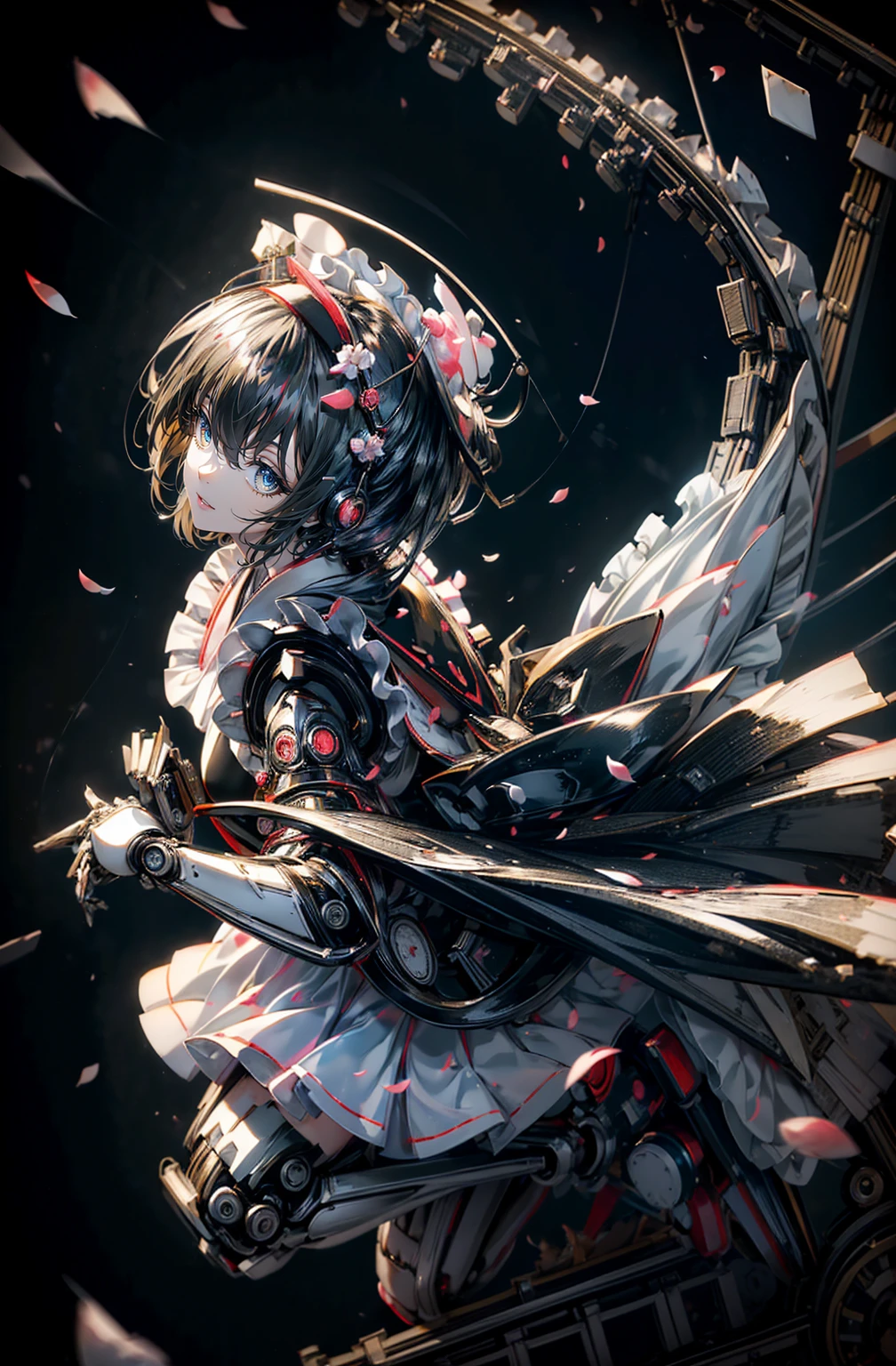 hyper quality、8K quality、High resolution、Image quality taken with a single-lens reflex camera、(SFW)、perfect anatomy、(桜🌸がテーマ）Maid Girl、black hair、20-year-old Japan beautiful girl、Three-dimensional and realistic black mechanical parts(Mechanical parts are one-handed only:1.3)BREAK (fusion of black housekeeper costume and black kimono with cherry blossom petal embroidery:1.3), (long kimono sleeve:1.3),
BREAK (white theme), (wearing a white half-apron over a kimono), ((white brim, maid headband) with ruffles:1.3), 
BREAK (Japanese clogs geta:1.2),（perfect anatomy:1.4）BREAK(looking away:1.2)Cherry tree々(Cherry blossom petals fluttering around Togetsukyo Bridge、water surface:1.4)
(portrait angle、perspective from above:1.4)
