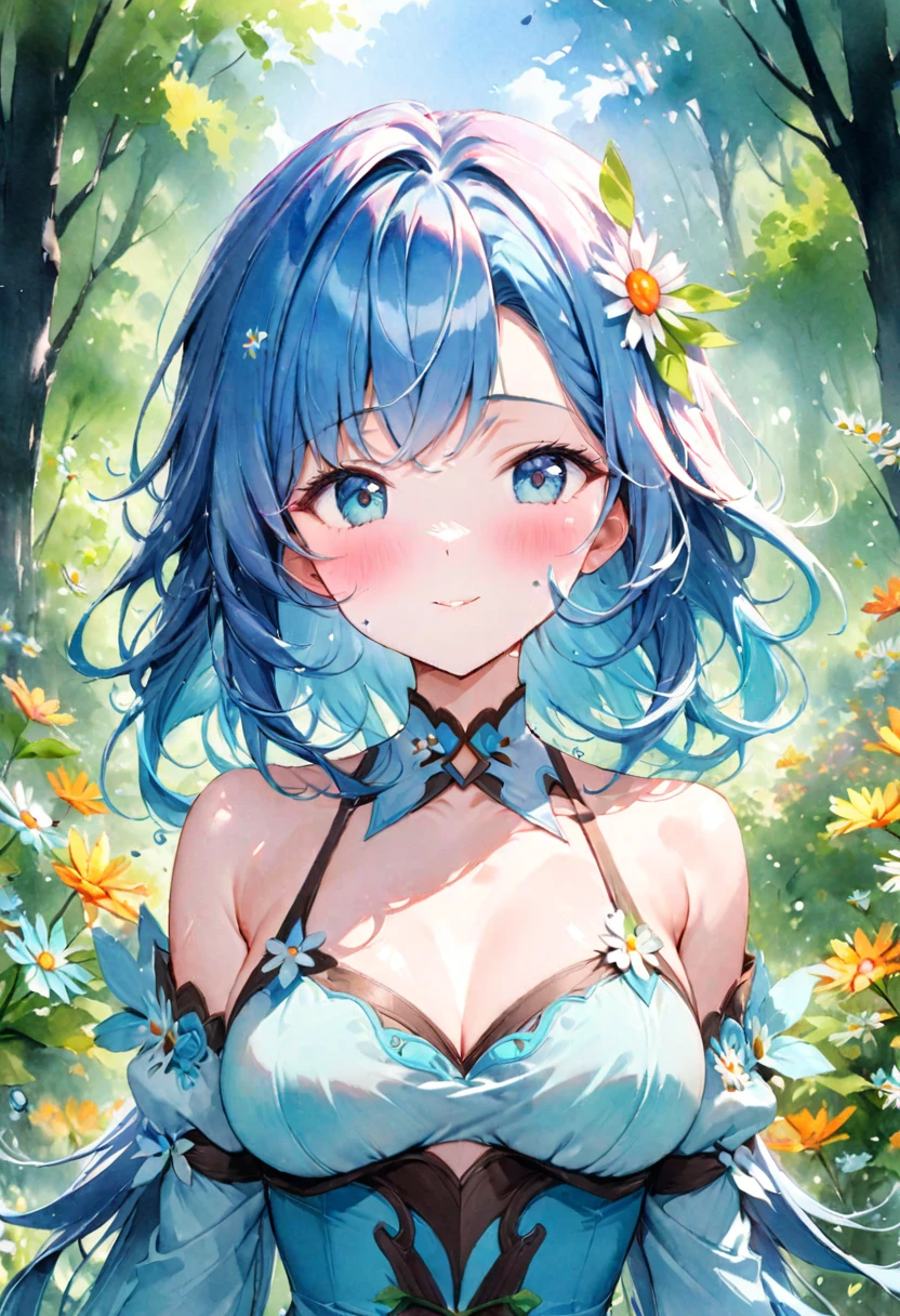 best quality),(masterpiece:1.2), (colorful:0.9), (ink splashing),(color splashing),((watercolor)), clear sharp focus, model shot,, (portrait goddess of spring:1.5), cute expression,elegant blue colored hair, beautyfull detailed face and eyes, elegant goddess clothing, spring forest background,, colorwater