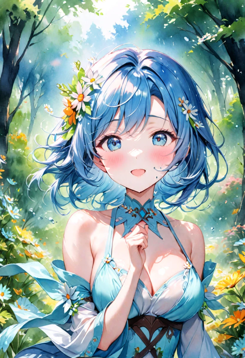 best quality),(masterpiece:1.2), (colorful:0.9), (ink splashing),(color splashing),((watercolor)), clear sharp focus, model shot,, (portrait goddess of spring:1.5), cute expression,elegant blue colored hair, beautyfull detailed face and eyes, elegant goddess clothing, spring forest background,, colorwater