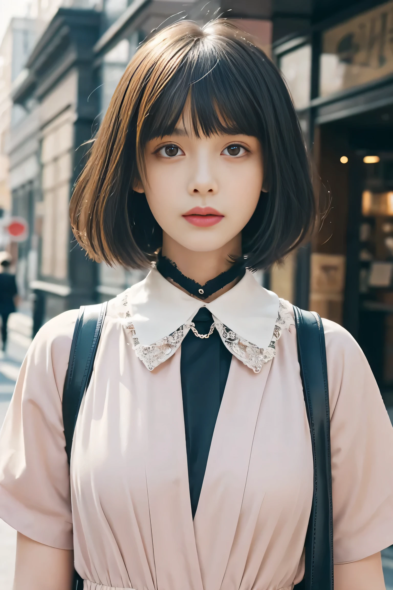 (((masterpiece, highest quality, Super detailed))), 1 female, (((very thin body))) , (((length, thin legs))), (((black short hair, thick and fluffy bangs ))), (((highly detailed face))), cosmetics free, small and thin nose, small thin mouth, (((Very sharp focused eyes))),  Japanese,  beautiful face, (lifelike face),  beautiful hairstyle, realistic eyes, fine and beautiful eyes, (real looking skin), beautiful skin, charm, Photo shoot that recreates Tim Burton&#39;world view、The mysterious pink costume is also one of the highlights..。Victorian style pink dress and suit、Design with gothic elements.。Accessories include leather items and studs.、chain is important。model&#39;You can also create a spooky and unique hairstyle..。High image quality、Capturing every detail clearly、,、Use a bright and vibrant color palette。As background:、Carefully selected mysterious and strange cityscapes and fantastic locations that appear in the work..、Creates images with Tim Burton&#39;s signature dark shadows and bizarre details。.。