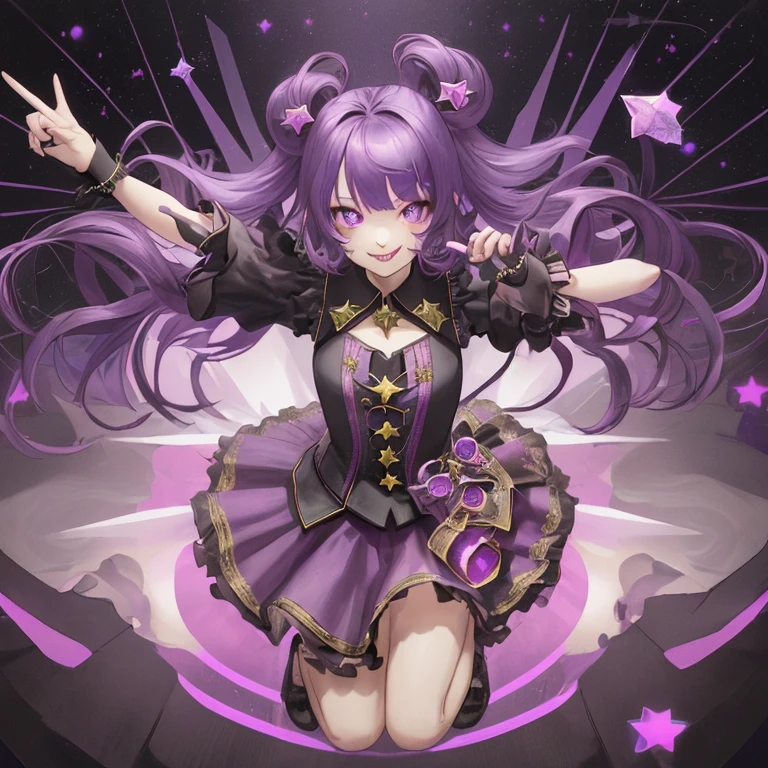 Star love, gloves, tongue sticking out, tongue, long hair, star (symbol), view audience, (purple hair: 1.2), purple eyes, Upper body, hair ornaments, frills, pink shirt, smile, No sleeve, shirt, Idol, symbol shaped pupil, raised his hand, bangs, one side up, star-shaped pupils, raised his arms, dress pull, tungsten々young 20s, isometric, From above, full body, rembrandt, figure, detailed, Depth of the bounds written, looking at the viewer, peace sign, raised his hand, tongue out, highest quality, High resolution.