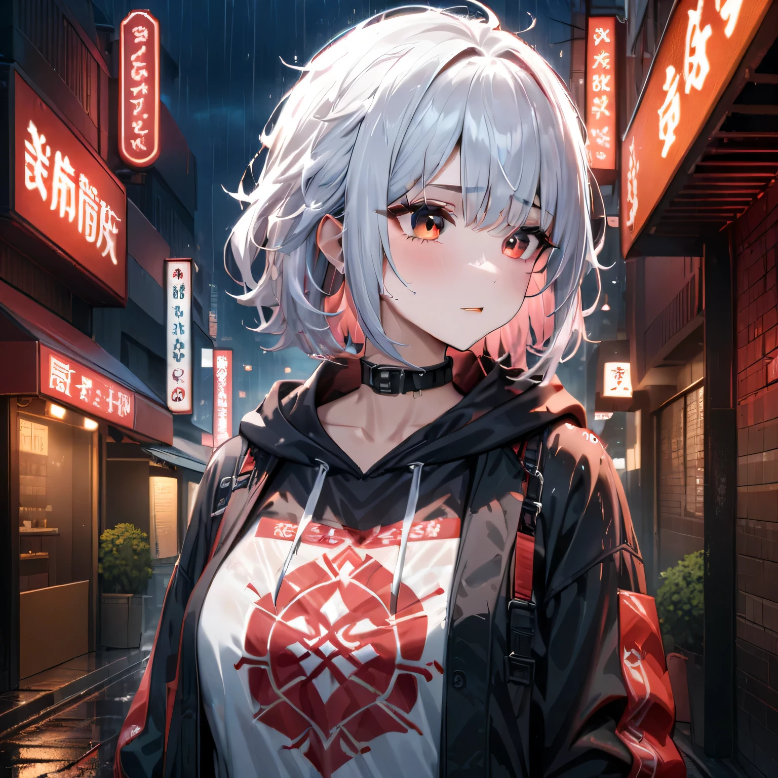 Hyper-realistic 8K CG, masterpiece, ((Super detailed background, Exquisite pattern, intricate details)), best quality, intricate detailss, Color difference, 1 girl, short hair, white hair, messy hair, red highlights, sharp vision, collar, brick wall, neon lights , rain, night, dim lights, Tokyo Street , oversized black hoodie , see through white shirt, masterpiece, best quality