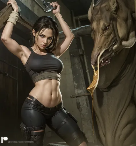 there is a woman that is standing next to a giant animal, muscular sweat lara croft, lara croft eating durian, lara croft, glamo...