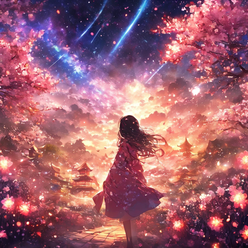 masterpiece, concept art, panorama, in the center, figure, wide shot, flower garden, night, (Meteors), Space galaxy background, (magnificent composition, epic proportions), dynamic lighting, Bright colors, cherry blossoms,1 girl,
