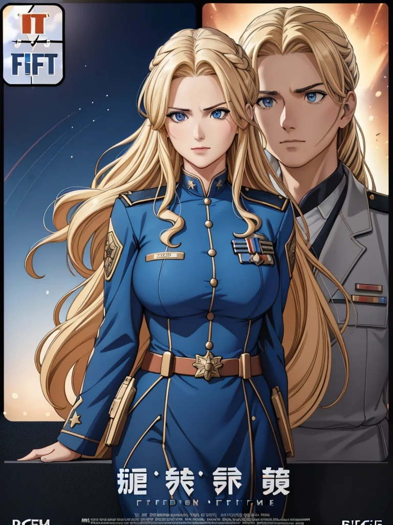 realistic,polite dress,(Fighter Action War Movie Poster),(Foundation Film Reference: 1.8),realistic,Air Force general uniform,(realistic face resolution),movie pose,adult,skinny,big,A long-haired dark blonde woman,serious face,SF,SF,Various support characters