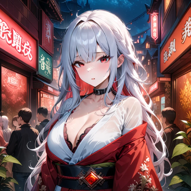 Hyper-realistic 8K CG, masterpiece, ((Super detailed background, Exquisite pattern, intricate details)), best quality, intricate detailss, Color difference, 1 girl, long hair, white hair, messy hair, red highlights, sharp vision, collar, weed wall, neon lights , crowded , night, dim lights, Castle Background , kimono , see through white shirt, masterpiece, best quality