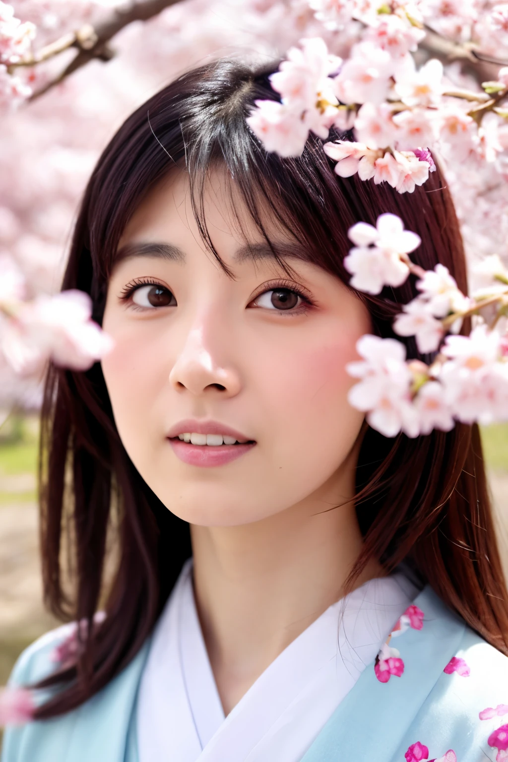 (masterpiece), High quality, 8K, High resolution, Skinny Japanese woman, 30 years old, Cute face:2, detailed face, detailed eyes, standing under cherry blossom trees, cascade of falling cherry blossoms, Japanese kimono