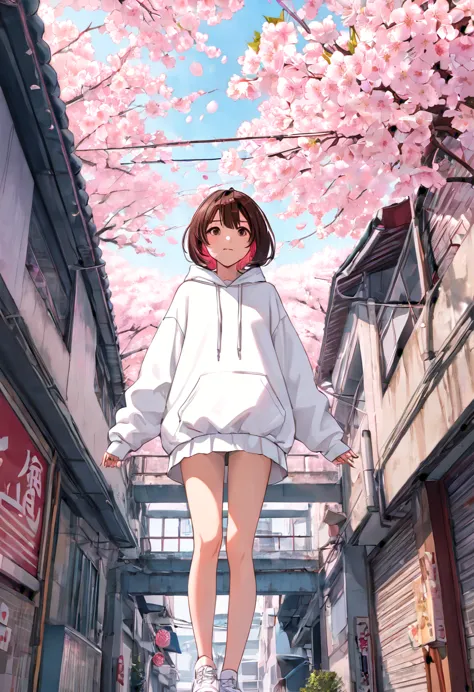 Short bob girl　white hoodie　cherry blossoms　whole body　standing on the ceiling of a building