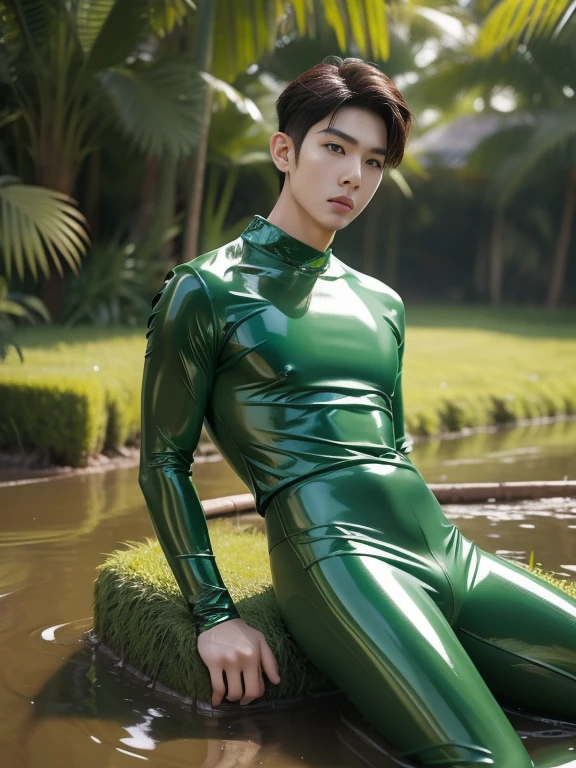 沼澤黃賢辰綠色閃亮乳膠套裝年輕韓國男性全身照片被困在泥漿緊身乳膠套裝中 ,  史詩現實 , 史诗般的真实感 , 超现实主义 , 英俊的