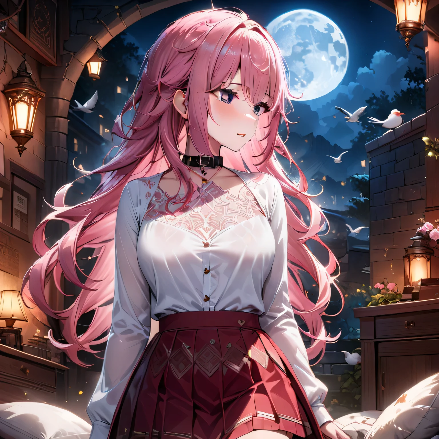 Hyper-realistic 8K CG, masterpiece, ((Super detailed background, Exquisite pattern, intricate details)), best quality, intricate detailss, Color difference, 1 girl, long hair, pink hair, messy hair, red highlights, sharp vision, collar, stone wall, moon lights , birds , night, dim lights, messy room , skirts , see through white shirt, masterpiece, best quality