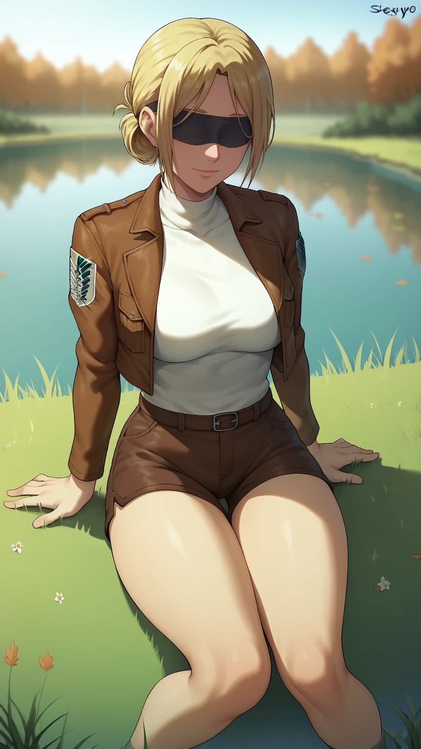 score_9,score_8_up,score_7_up, shexyo, shexyo style, attack on titan, annie leonhart, front view, thighs, thigh focus, leather shorts, white shirt, brown shorts, brown jacket, open jacket, outdoors, lake, grass, sitting on ground, sitting, nature, autumn, fall(season), by the lake, feet in lake, sexy, pond, blindfold, blindfolded 