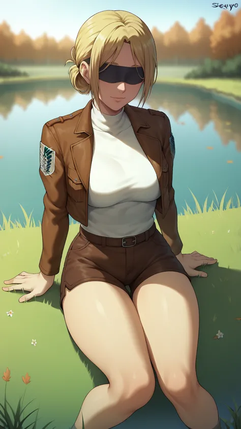 score_9,score_8_up,score_7_up, shexyo, shexyo style, attack on titan, annie leonhart, front view, thighs, thigh focus, leather s...