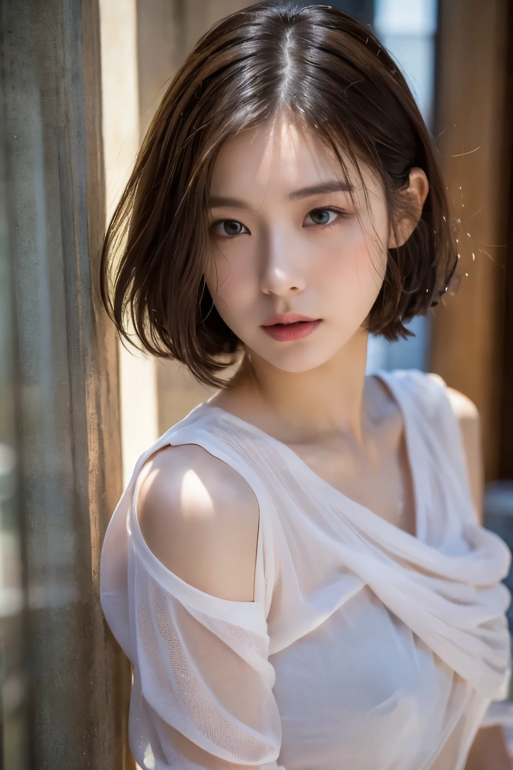 16 year old girl, very thin fabric, Men's Shirt, No panties, No bra, ((wet state)), Natural light, highest quality, masterpiece, ulzzang-6500-v1.1, (Raw photo: 1.2), (photorealistic: 1.4), (See-through:1.3), very delicate and beautiful, Very detailed CG, unity, 8k wallpaper, wonderful, small details, masterpiece, highest quality, Highly detailed CG Unity 8k wallpaper, absurd, incredibly absurd, huge file size, Super detailed, High resolution, very detailed, beautiful detailed girl, very detailed eyes and face, fine and beautiful eyes, (Raw photo, highest quality), (realistic, photorealistic: 1.3), light shines on your face, (((layered haircut, big: 1.2)),