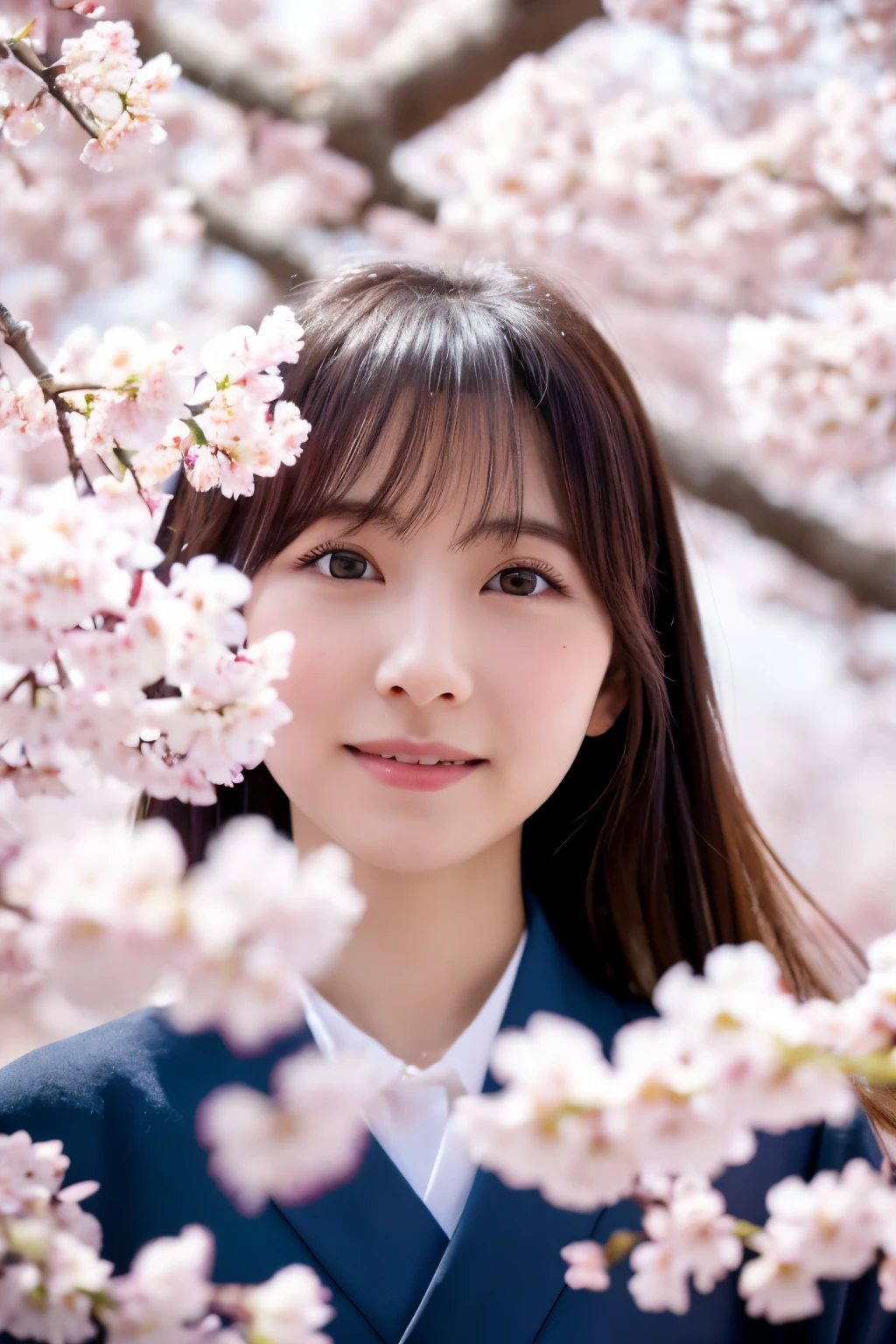 (걸작), 고품질, 8K, 높은 해상도, 마른 일본 여성, 30 살, 귀여운 얼굴:2, 상세한 얼굴, 상세한 눈, 벚꽃나무 아래 서서, 떨어지는 벚꽃의 폭포, 일본식 기모노