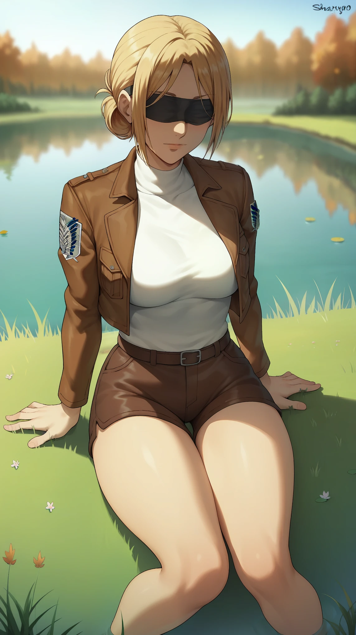 A woman in a brown jacket and sunglasses sitting on a grass - SeaArt AI