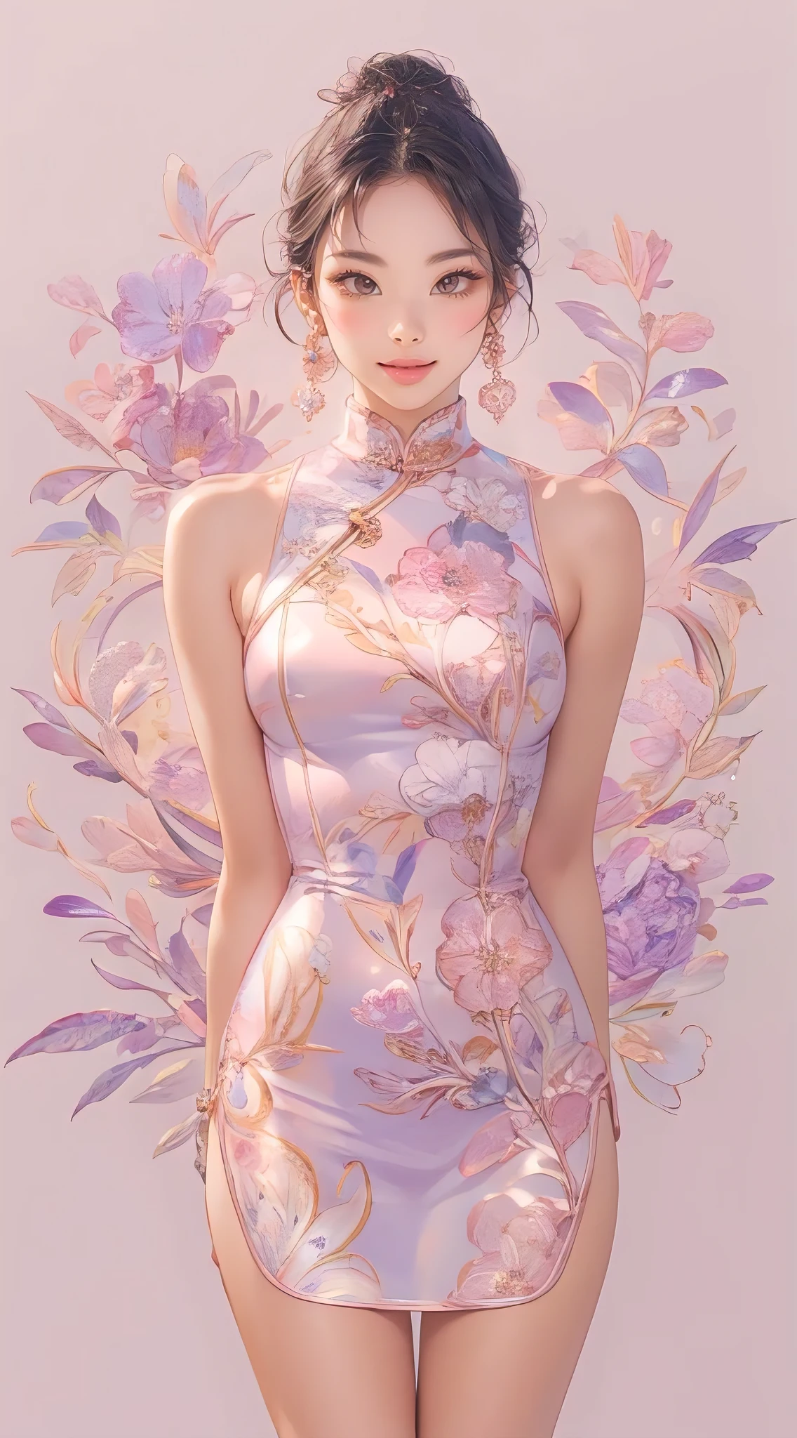 illustration by artgerm,ayami kojima,attractive woman,perfect body,huge breasts,hyperfeminine curves,floral body hugging cheongsam,cute and playful,vibrant,emotive expressions,(best quality,4k,8k,highres,masterpiece:1.2),ultra-detailed,(realistic,photorealistic,photo-realistic:1.37),HDR,UHD,studio lighting,physically-based rendering,extreme detail description,professional,vivid colors,portraits,colorful lighting