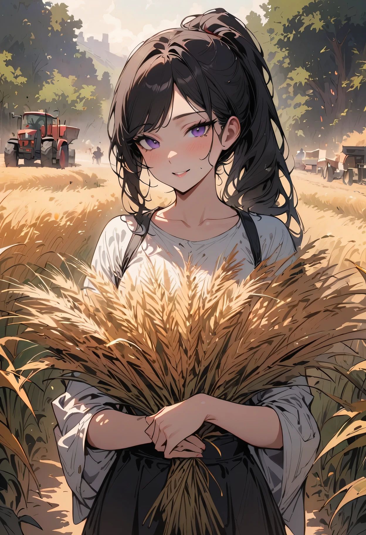 korean woman, (masterpiece, beautiful people, polluted smile), Virtual YouTube, doing farm work in the countryside, (exist (Harvesting wheat: 1.4)), fertilize, weeding, Without makeup, No makeup, country girl, ponytail, Delicate skin texture, Detailed cloth texture, Exquisite and detailed face. masterpiece, slim waist, slim.