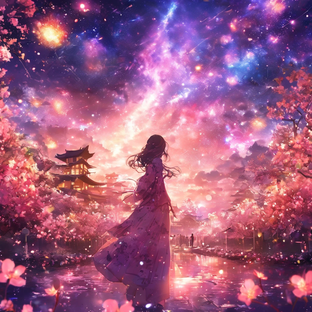 masterpiece, concept art, panorama, in the center, figure, wide shot, flower garden, night, (Meteors), Space galaxy background, (magnificent composition, epic proportions), dynamic lighting, Bright colors, cherry blossoms,1 girl,garden