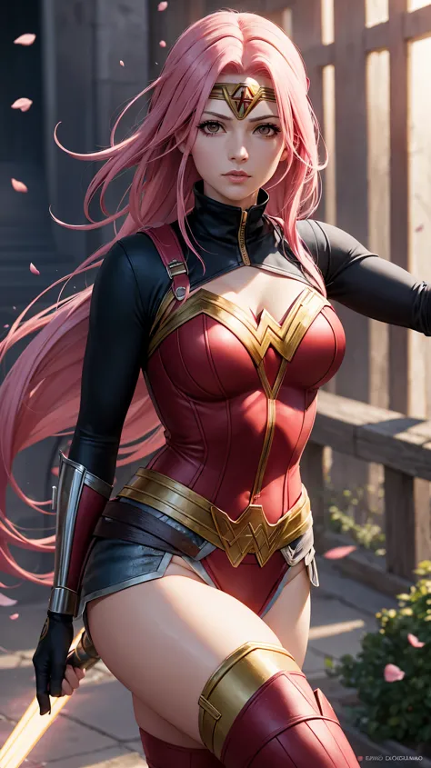 Sakura Haruno de longos cabelos rosa como Wonder Woman, DC Comics, extremamente realista, 8k