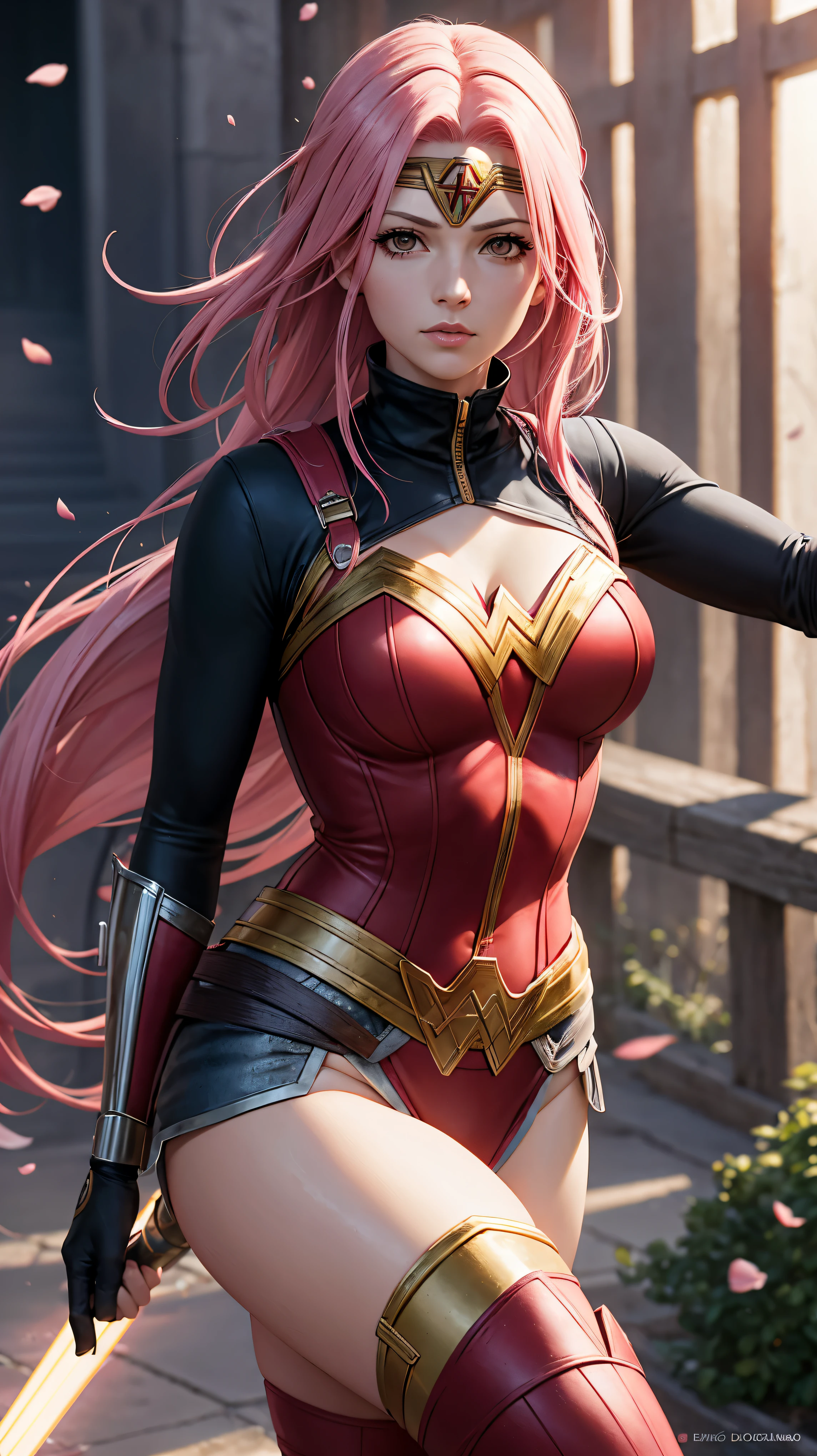 Sakura Haruno de longos cabelos rosa como Wonder Woman, DC Comics, extremamente realista, 8K