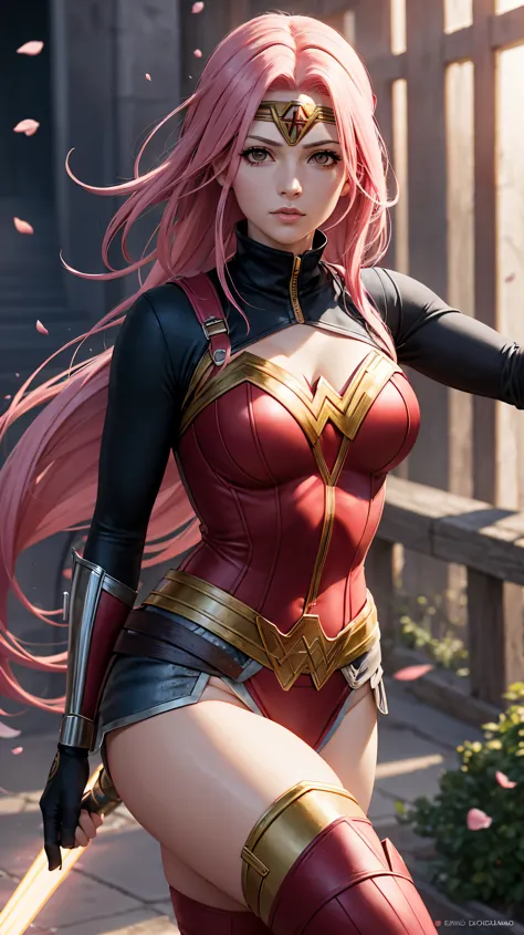Sakura Haruno de longos cabelos rosa como Wonder Woman, DC Comics, extremamente realista, 8k