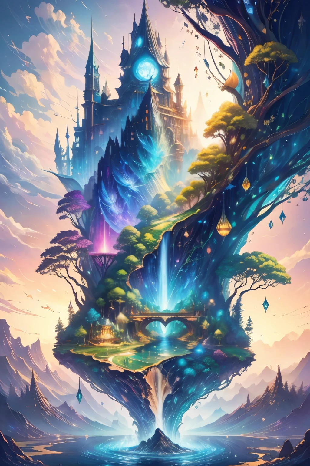 obra de arte, qualidade máxima, Melhor qualidade, ilhas voadoras, cachoeiras caindo em cascata das ilhas, Mundos de fantasia, panoramas espetaculares, nuvens coloridas, cores chamativas,