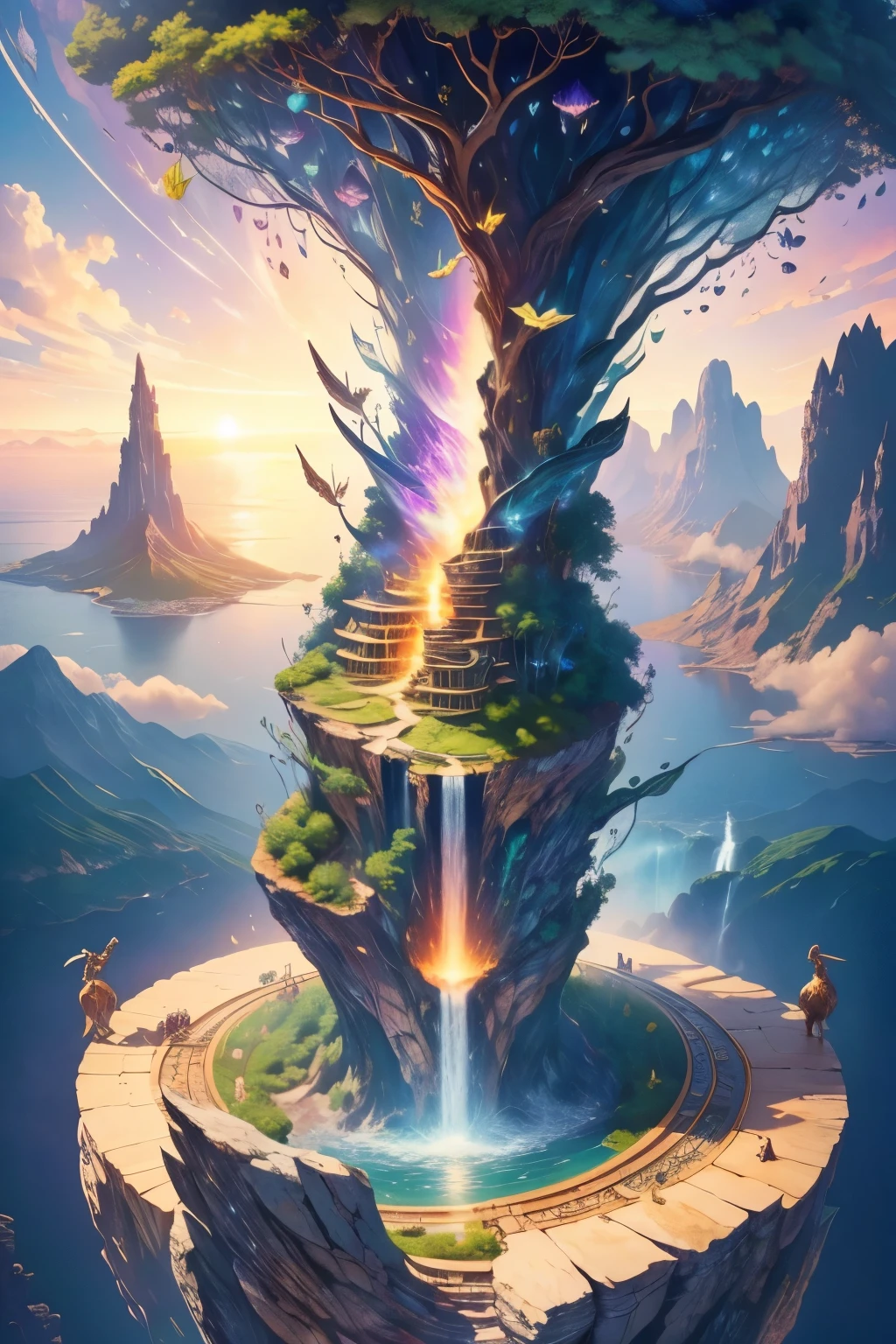 Artwork, top quality, better quality, flying islands, waterfalls cascading down from islands, fantasy worlds, spectacular panoramas, colorful clouds, flashy colors,