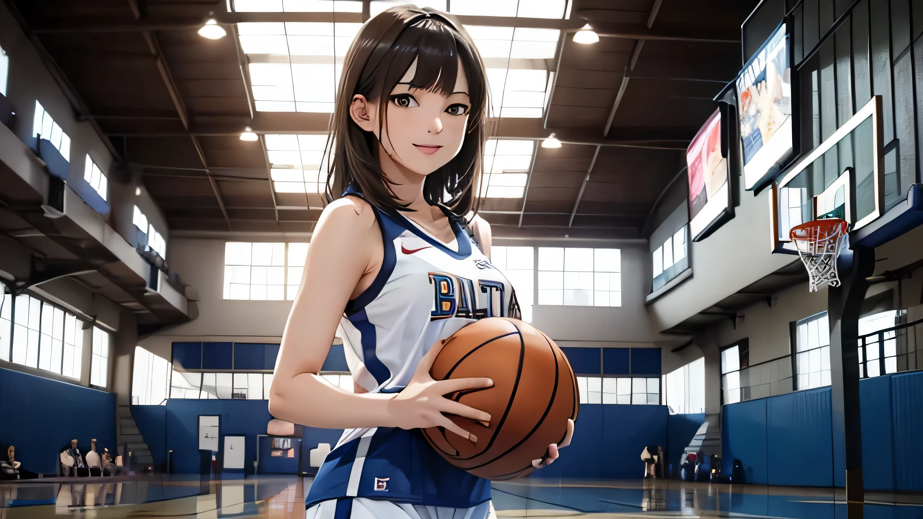 gym、basketball court、stadium、 masterpiece, highest quality, cinematic light, 8K resolution, sharp focus: 1.2, 25 year old woman, sexy woman, Basketball uniform,   whole body、 smile