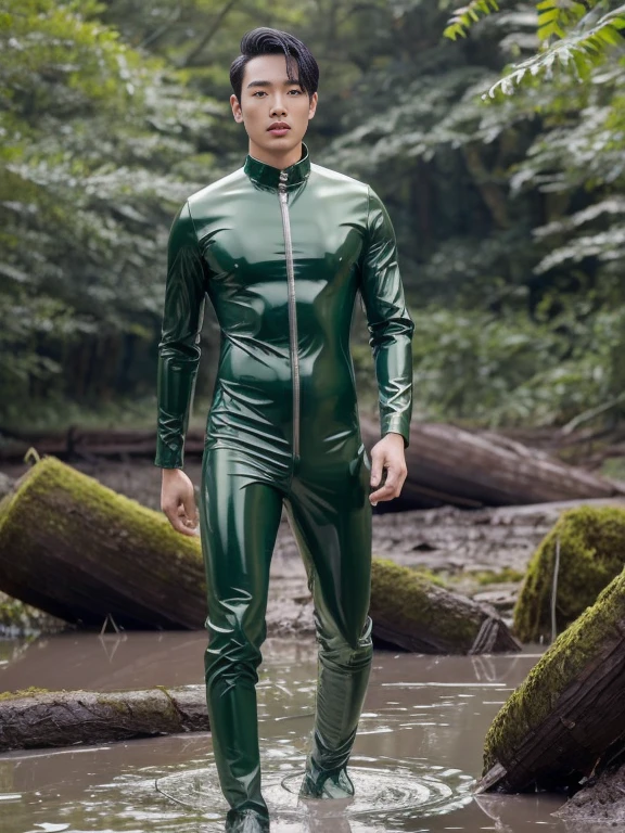 Зеленый блестящий латексный комплект Swampland Green для молодого корейского мужчины, фотография в полный рост, застрявшего в грязевом плотном латексном комплекте ,  Эпическая реальность , эпический фотореалистичный , ультра реализм , красивый