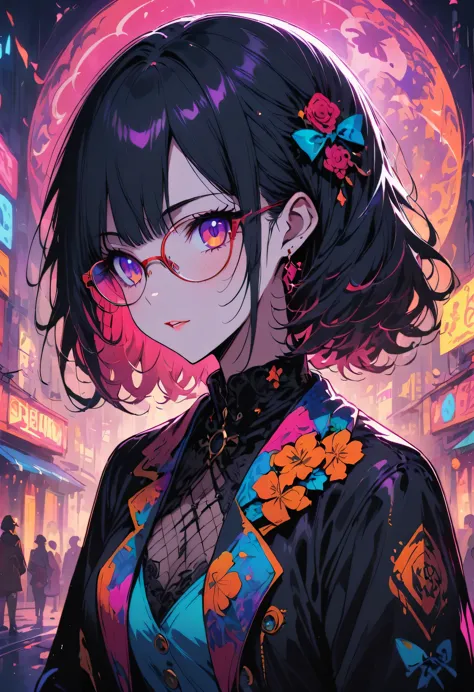 Retro aesthetic girl portrait in glasses in colorful circus environment