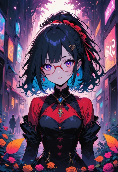 retro aesthetic girl portrait in glasses in colorful circus environment