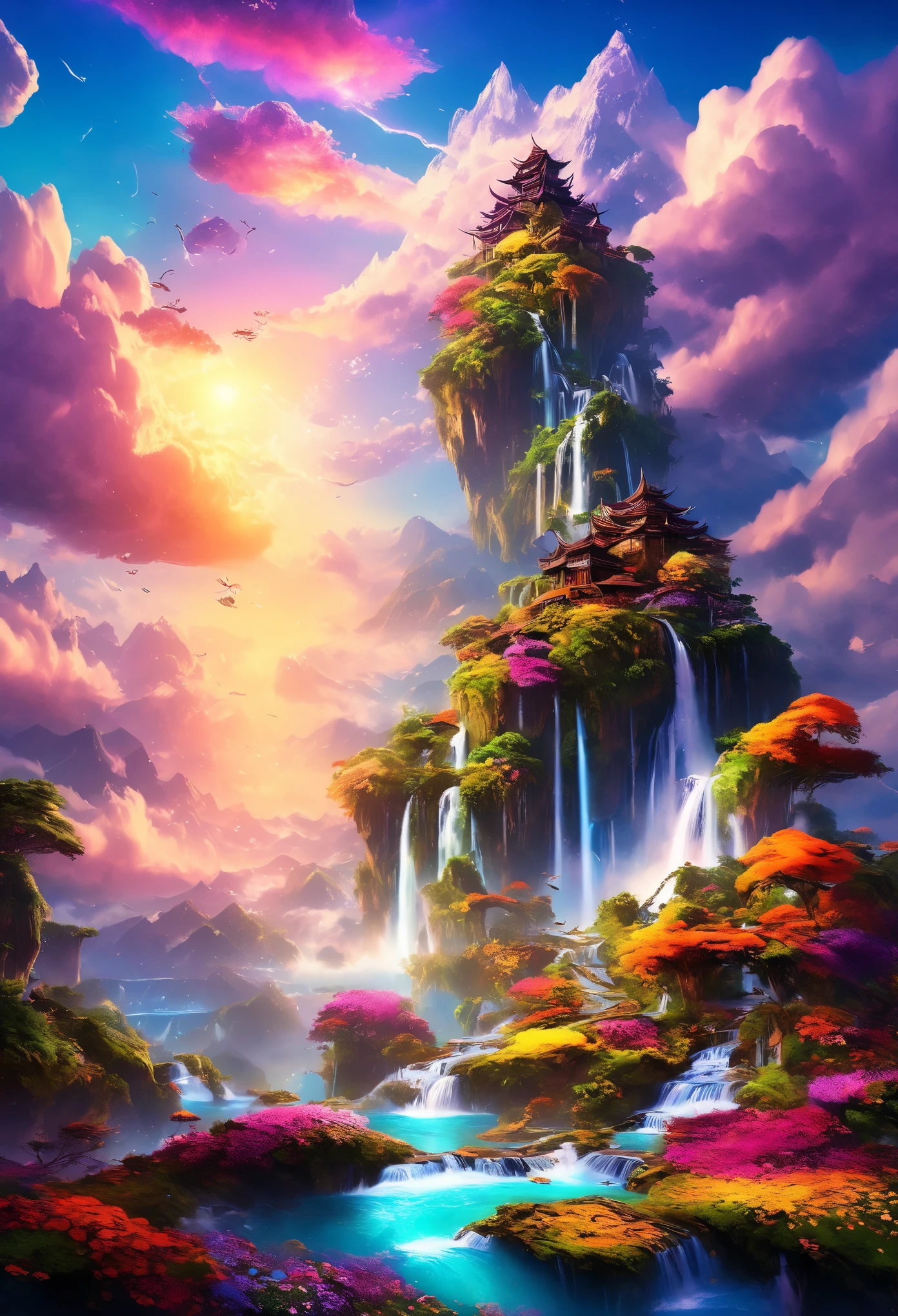Artwork, top quality, better quality, flying islands, waterfalls cascading down from islands, fantasy worlds, spectacular panoramas, colorful clouds, flashy colors,