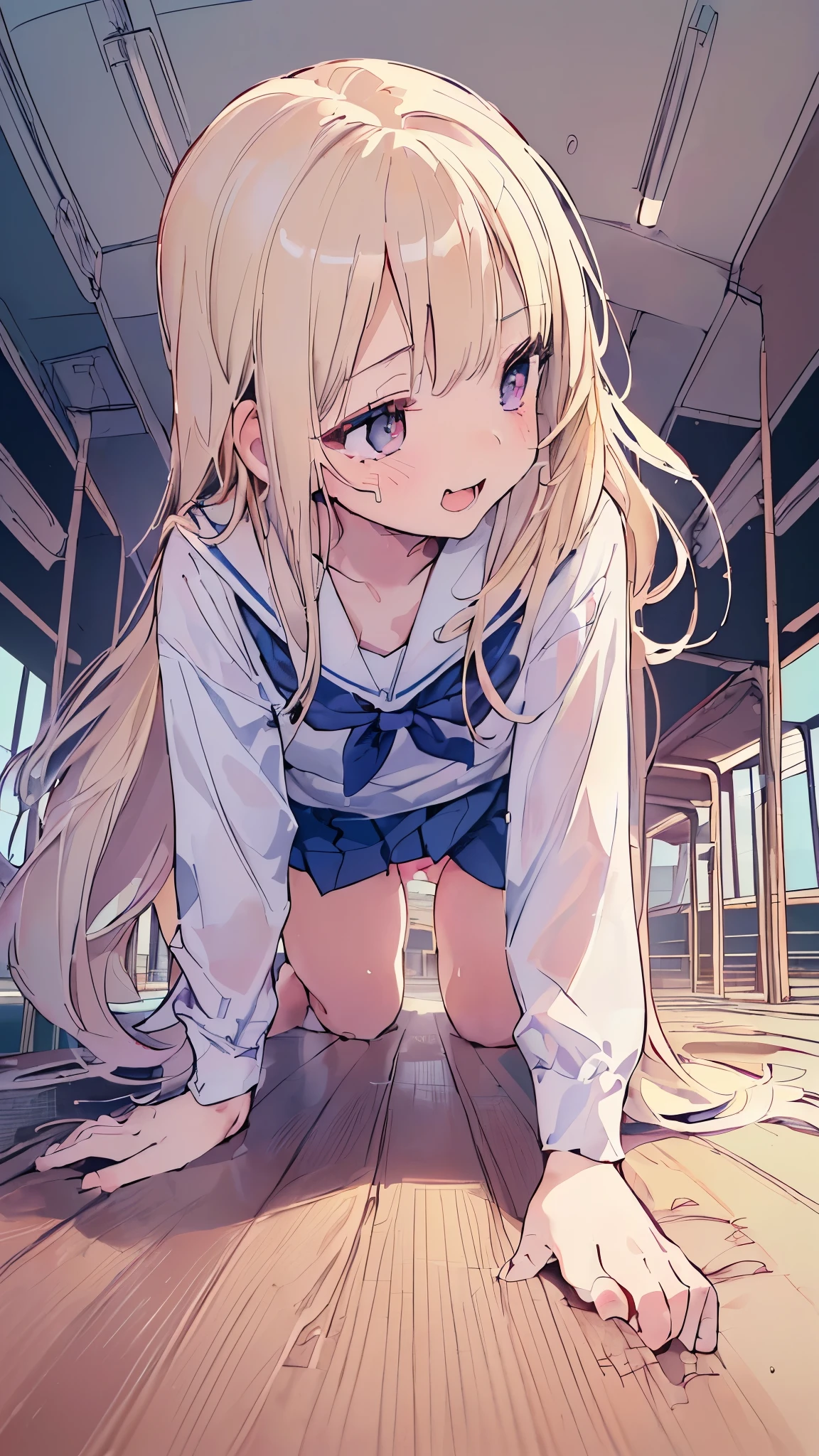 Anime girl with long blonde hair crouching on wooden floor - SeaArt AI