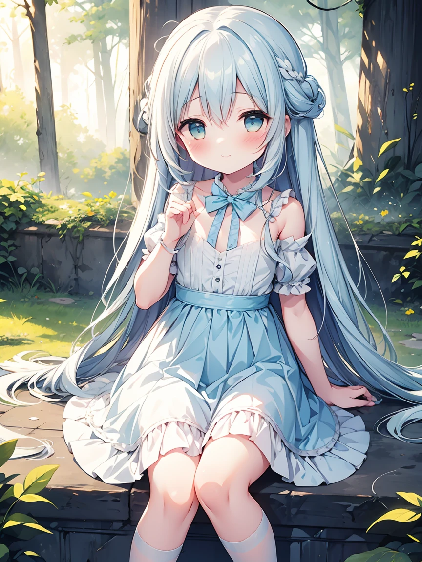 masterpiece, best quality, extremely detailed, (illustration, official art:1.1), 1 girl ,(((( light blue long hair)))), light blue hair, ,10 years old, long hair ((blush)) , cute face, big eyes, masterpiece, best quality,(((((a very delicate and beautiful girl))))),Amazing,beautiful detailed eyes,blunt bangs((((little delicate girl)))),tareme(true beautiful:1.2), sense of depth,dynamic angle,,,, affectionate smile, (true beautiful:1.2),,(tiny 1girl model:1.2),)(flat chest)),
impressionism,detailing,delicate hues,at mysterious forest,light leaks,solemn ruins,mystical atmosphere,aerial perspective,depth of field,(realistic:-1),
detailing,solo cute cute loli   ,cute green eyes,white shirts with ties,pleated skirt,loafer shoes,adventure,{facing away,|}relax expressions
