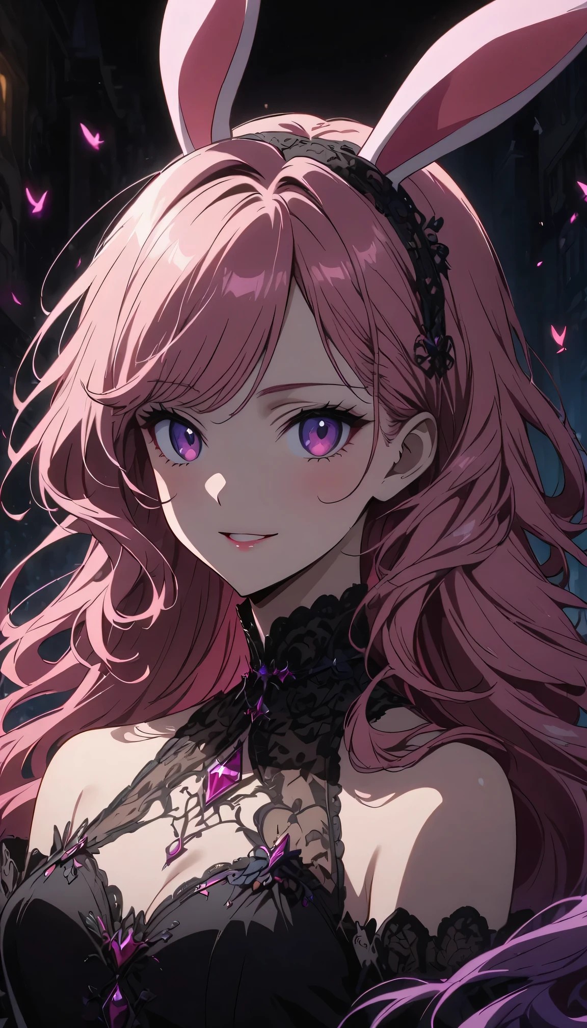 anime style, Cartoon close-up of a woman with ears and bunny tail, With a rabbit tail, With rabbit ears, girls design, Second-rate, portrait, gisha, anime image, long hair, pink hair, hair covering ears, happy, Polished and powerful look, out of tune, High  