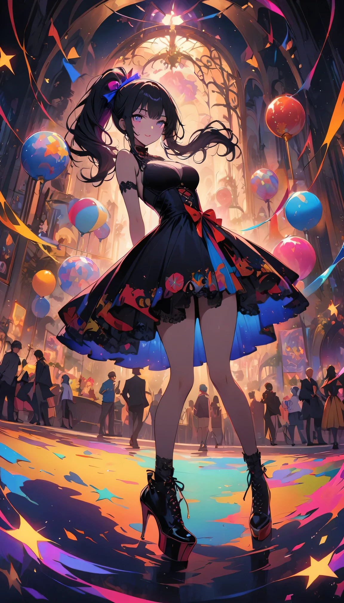 （best quality，4k，high resolution，masterpiece：1.2），Ultra-detailed，A cute girl with brightly colored eyes，lol，joy，Vintage glasses，in a circus environment，illustration， - She wears a retro circus themed outfit，Bold patterns and colors。 - Colorful decorations hanging around，and sparkling lights。 - She stands on a colorful platform，In the background is an old-fashioned circus stand。 The colors are bright and lively，Mix of warm and cool colors。