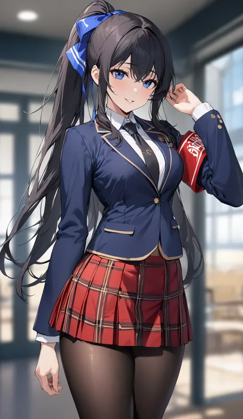 (((masterpiece))),(((best quality))), ((very detailed)), (illustration), ((very delicate and beautiful)),(blurred background),(best shadow), at School, Student President, black-gold school sign, 1 girl, tall, high school student, blue eyes, black hair, lon...